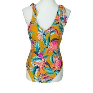 XHilaration Women's Mustard Floral‎ One Piece Bathing Suit Swimwear Size Large
